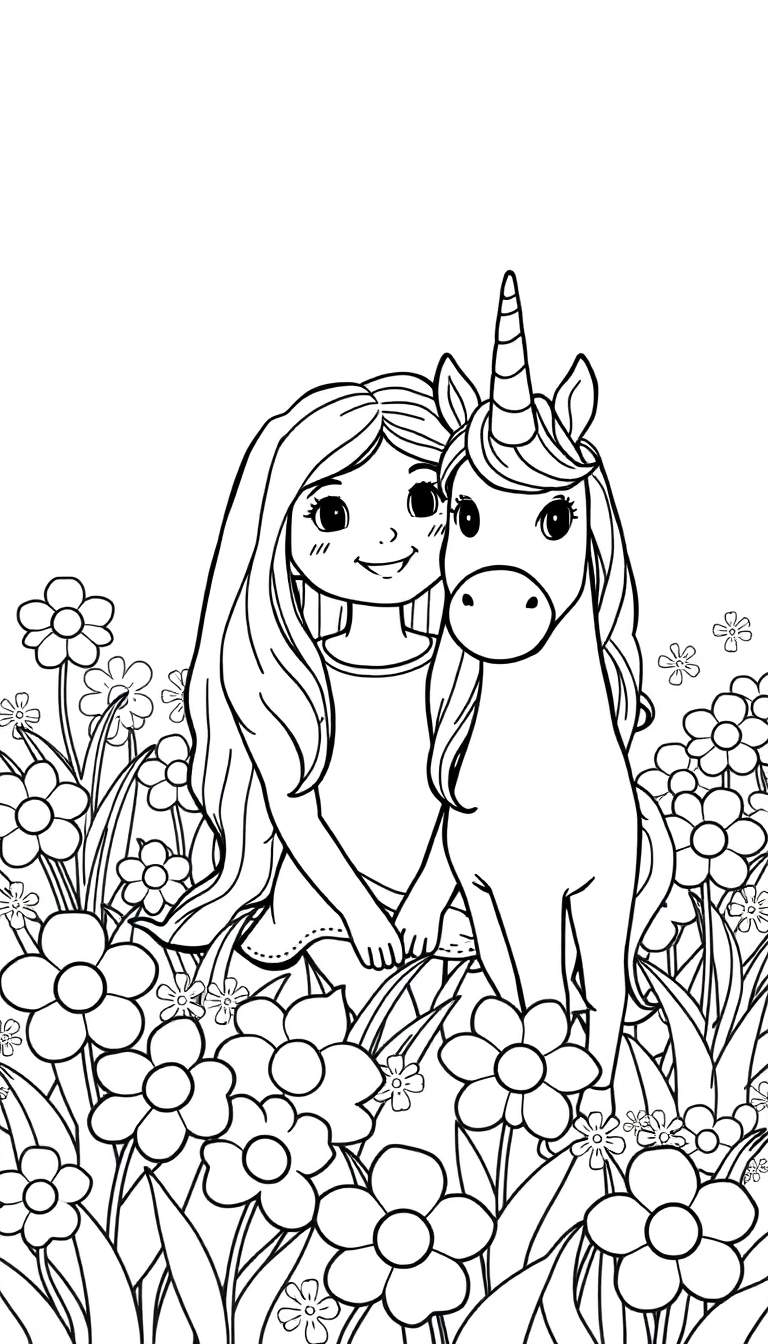 Een meisje met lang haar omhelst een eenhoorn in een bloemenveld - een kleurplaat.