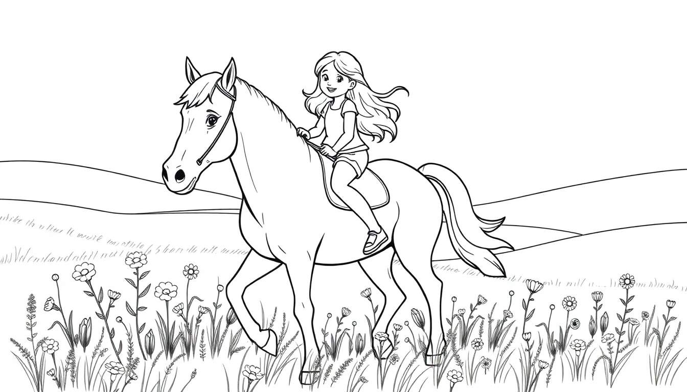 Zwart-wit kleurplaat van een meisje op een paard.