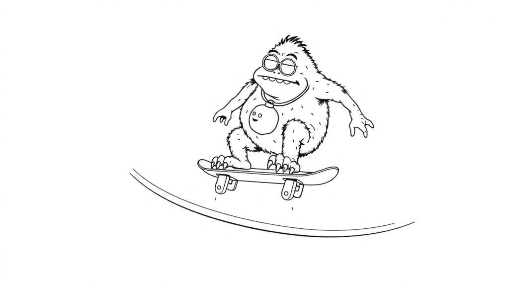 Kleurplaat van een harig monster op een skateboard.