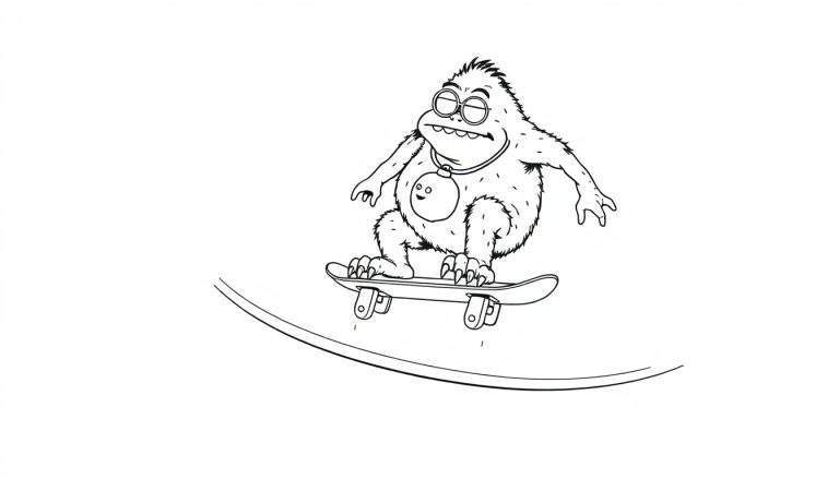 Kleurplaat van een harig monster op een skateboard.