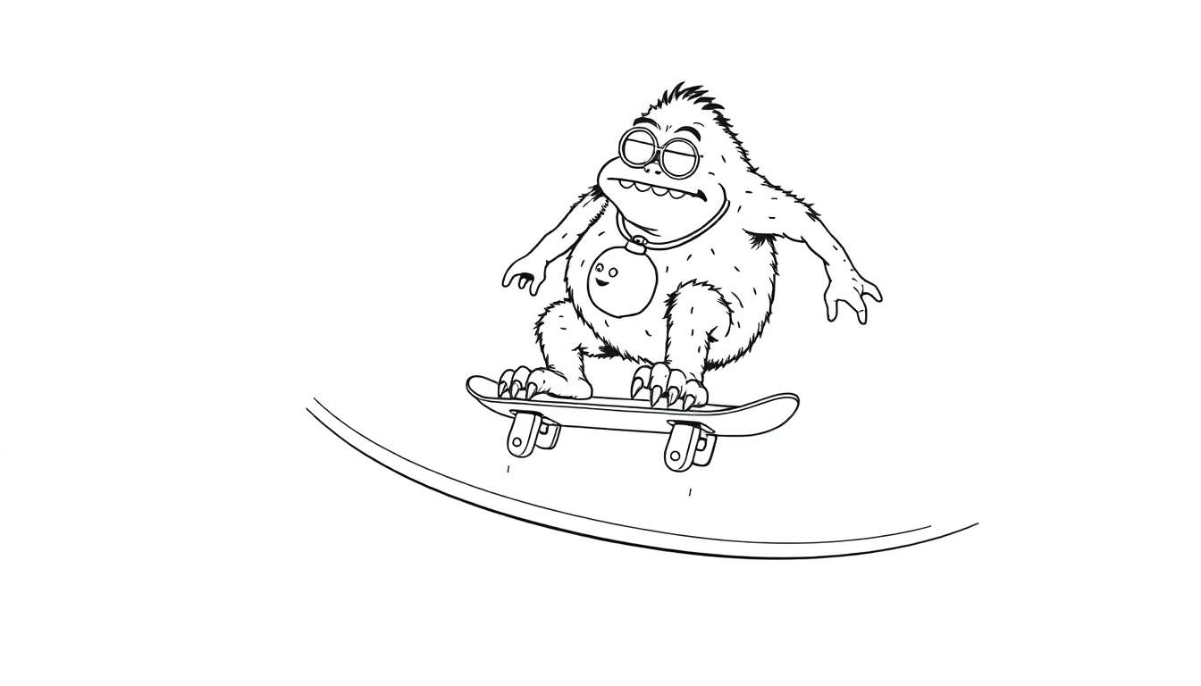 Kleurplaat van een harig monster op een skateboard.