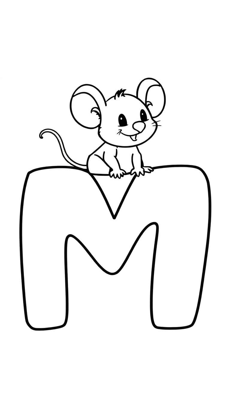 Zwart-wit tekening van een schattige cartoonmuis zittend op de grote letter M, een kleurplaat voor kinderen.