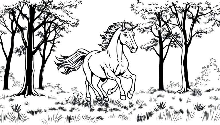 Kleurplaat van een galopperend paard in een bos.