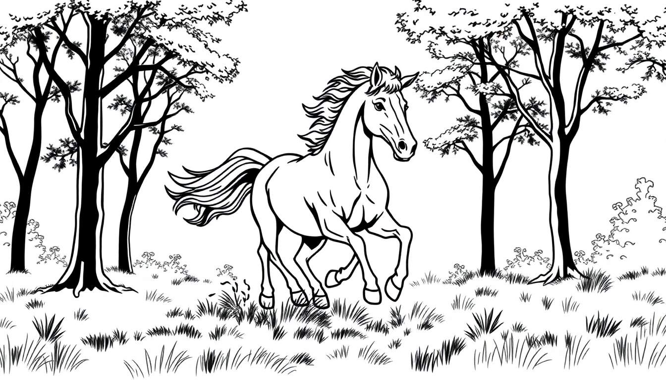 Kleurplaat van een galopperend paard in een bos.