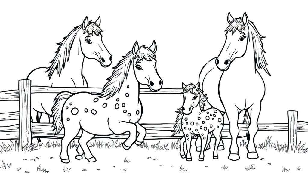 Kleurplaat: Vier paarden, twee grote en twee gevlekte Shetlanders, grazen in een landelijke omgeving achter een hek.