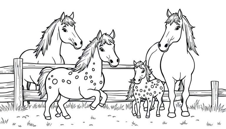 Kleurplaat: Vier paarden, twee grote en twee gevlekte Shetlanders, grazen in een landelijke omgeving achter een hek.