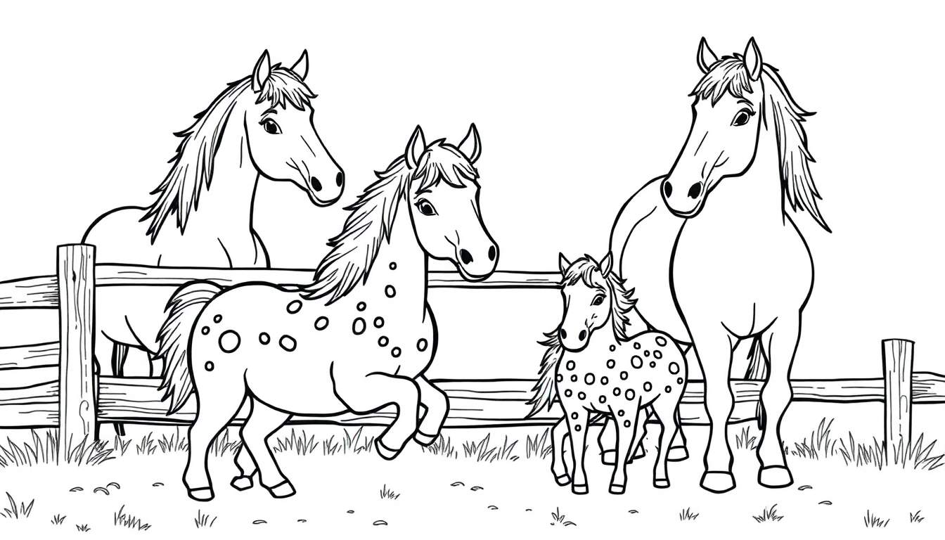 Kleurplaat: Vier paarden, twee grote en twee gevlekte Shetlanders, grazen in een landelijke omgeving achter een hek.