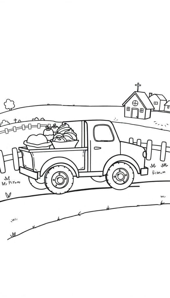 Zwart-wit kleurplaat van een pick-up truck vol oogst op een veld, met een hek en gebouwen in de verte.