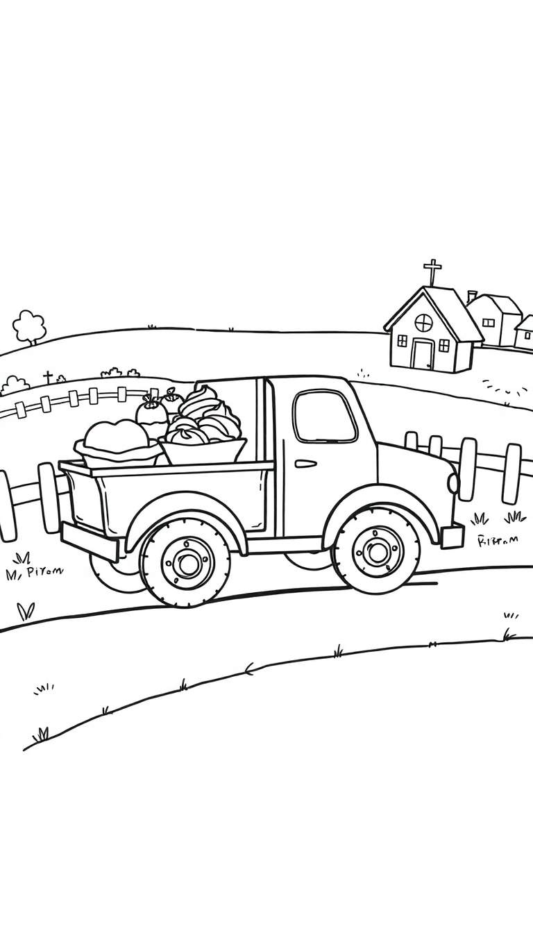 Zwart-wit kleurplaat van een pick-up truck vol oogst op een veld, met een hek en gebouwen in de verte.