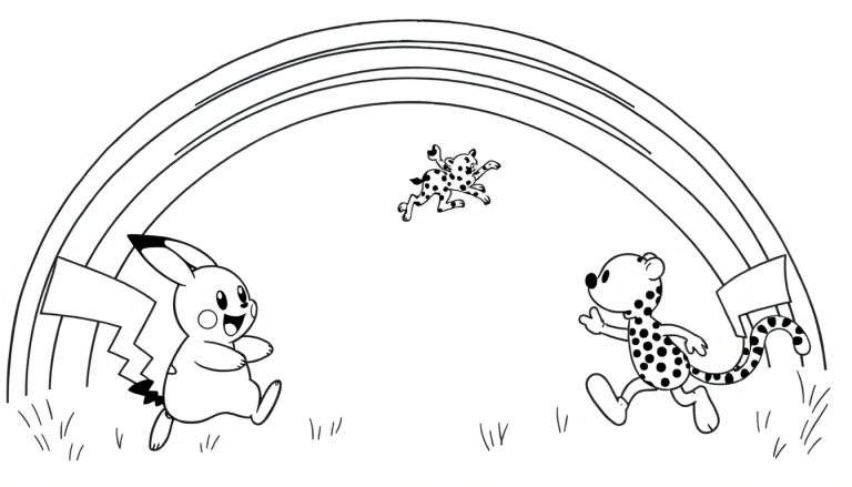 Kleurplaat van Pikachu en twee gevlekte katjes bij een regenboog.