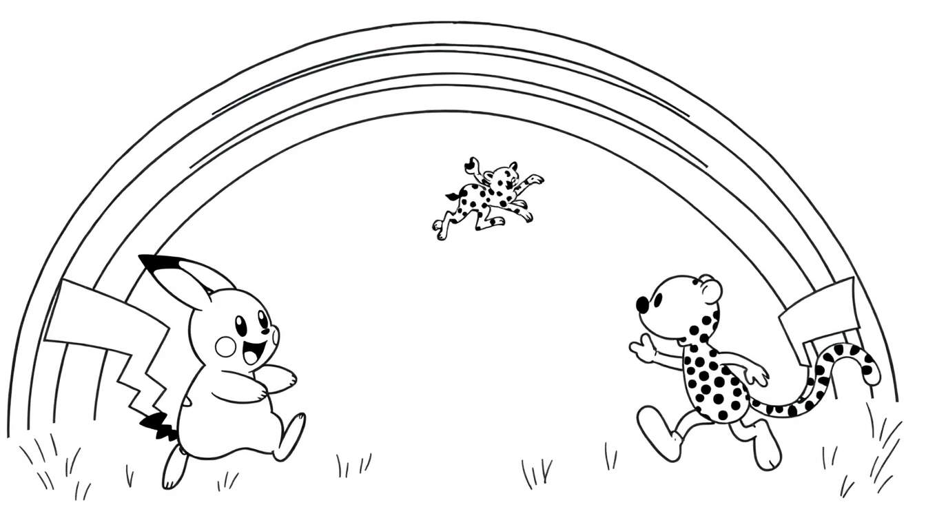 Kleurplaat van Pikachu en twee gevlekte katjes bij een regenboog.