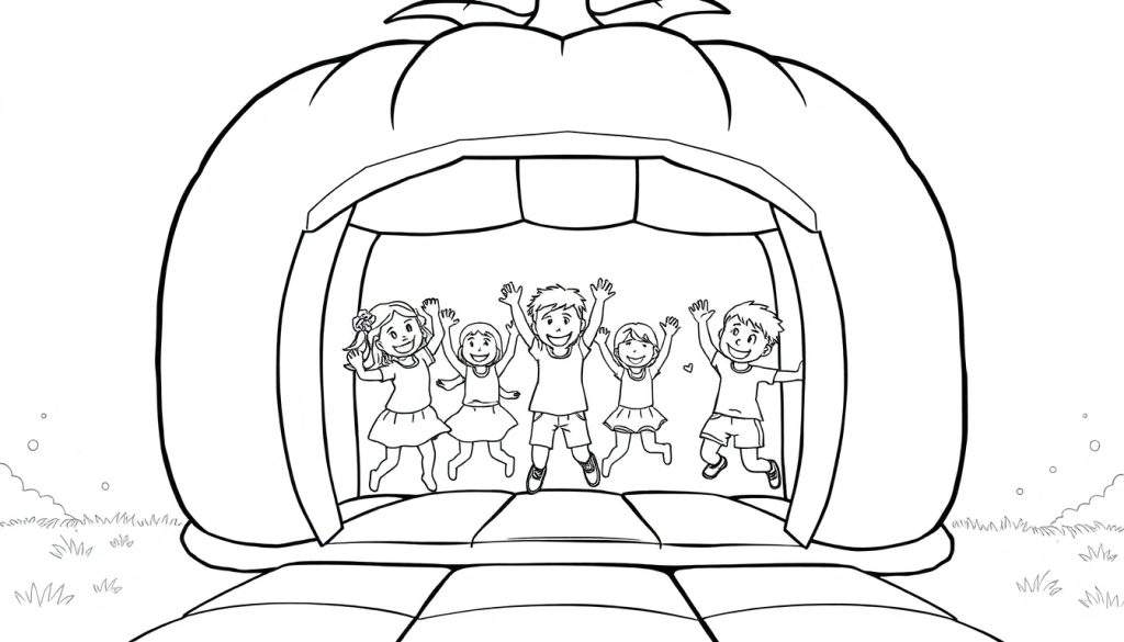Kleurplaat van kinderen die in een pompoen-vormig springkussen springen.