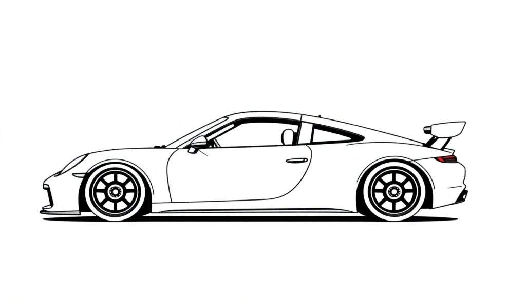 Kleurplaat van een rode Porsche 911 cabriolet met zwarte lijnen, gezien vanaf de zijkant, met de neus naar links.