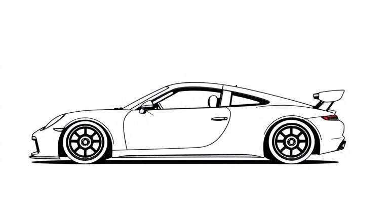 Kleurplaat van een rode Porsche 911 cabriolet met zwarte lijnen, gezien vanaf de zijkant, met de neus naar links.