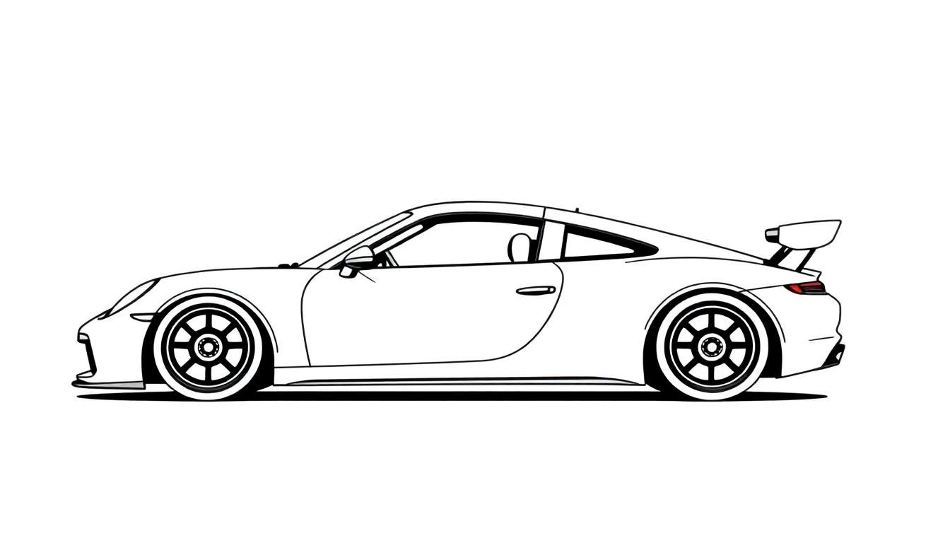 Kleurplaat van een rode Porsche 911 cabriolet met zwarte lijnen, gezien vanaf de zijkant, met de neus naar links.