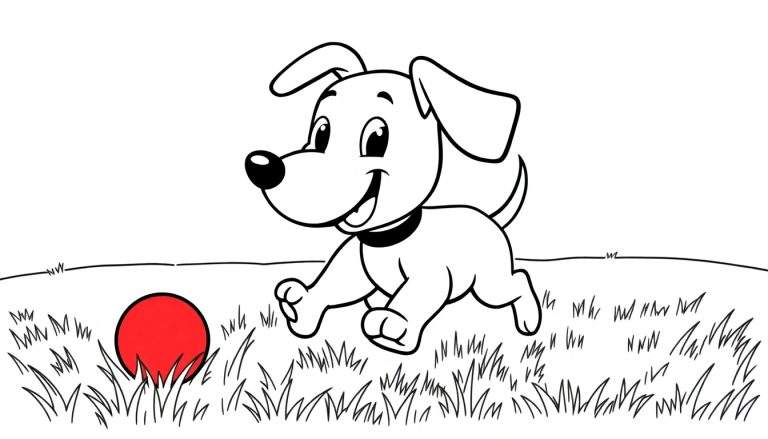 Kleurplaat van een vrolijke hond die achter een rode bal rent.