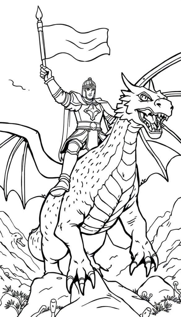 Kleurplaat van een ridder op een draak met een vlag.