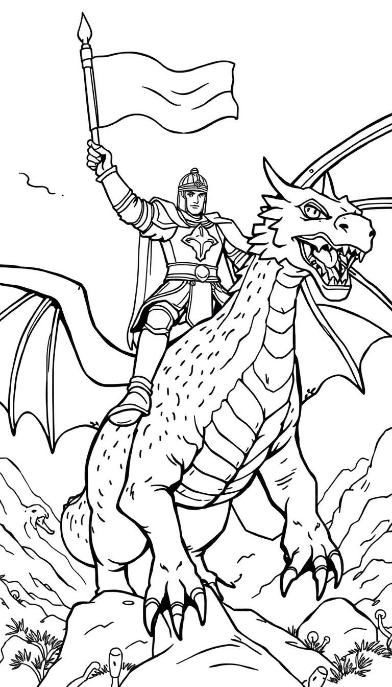 Kleurplaat van een ridder op een draak met een vlag.