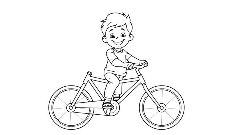 Kleurplaat van een lachende jongen op een fiets
