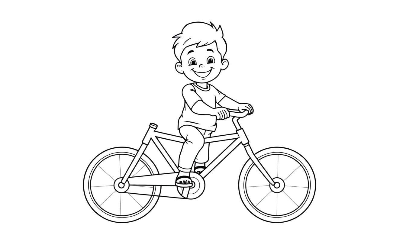 Kleurplaat van een lachende jongen op een fiets