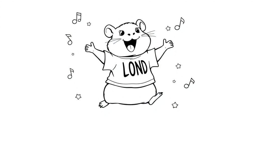 Kleurplaat van een vrolijke hamster met een 'LOND' T-shirt, muzieknoten en sterren.
