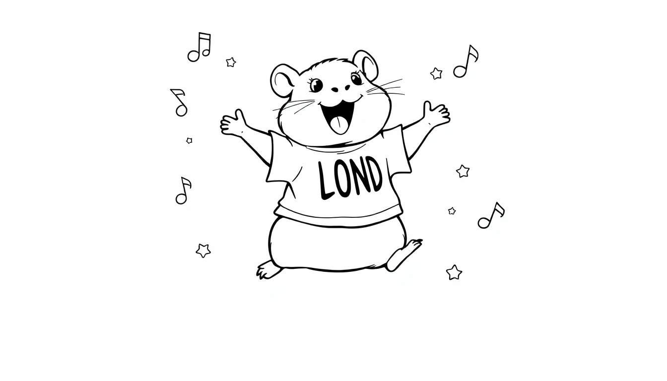 Kleurplaat van een vrolijke hamster met een 'LOND' T-shirt, muzieknoten en sterren.