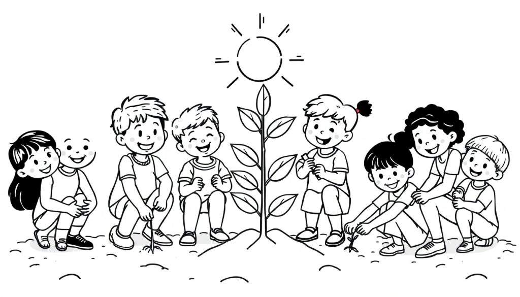 Zwart-wit kleurplaat van vrolijke kinderen die samen een boom planten met een zon erboven.