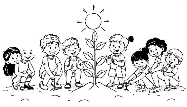 Zwart-wit kleurplaat van vrolijke kinderen die samen een boom planten met een zon erboven.