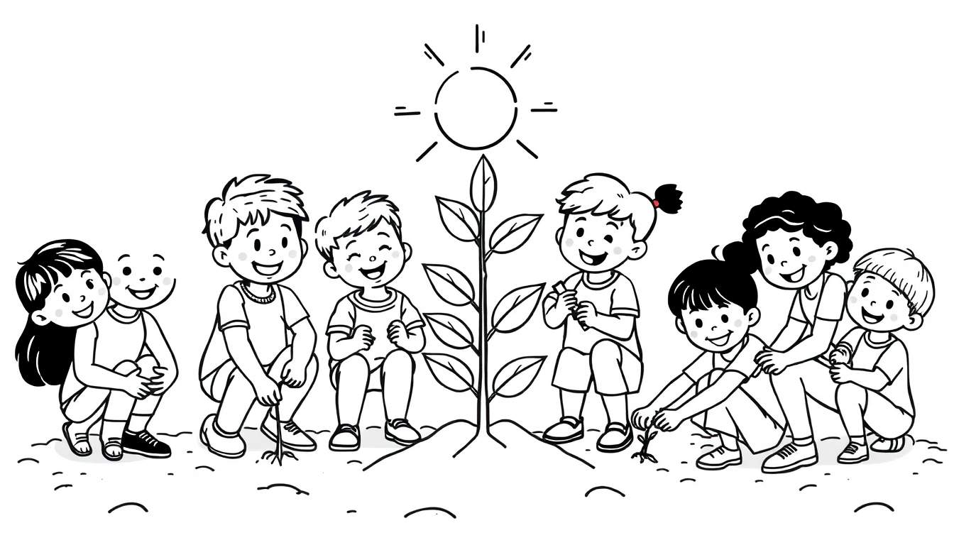 Zwart-wit kleurplaat van vrolijke kinderen die samen een boom planten met een zon erboven.