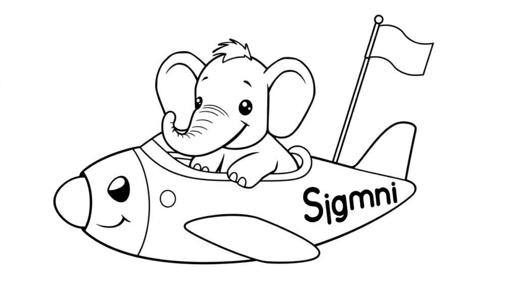 Kleurplaat van Sjaakie de olifant in vliegtuig Sjonnie