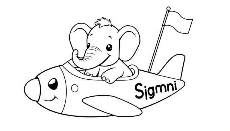 Kleurplaat van Sjaakie de olifant in vliegtuig Sjonnie