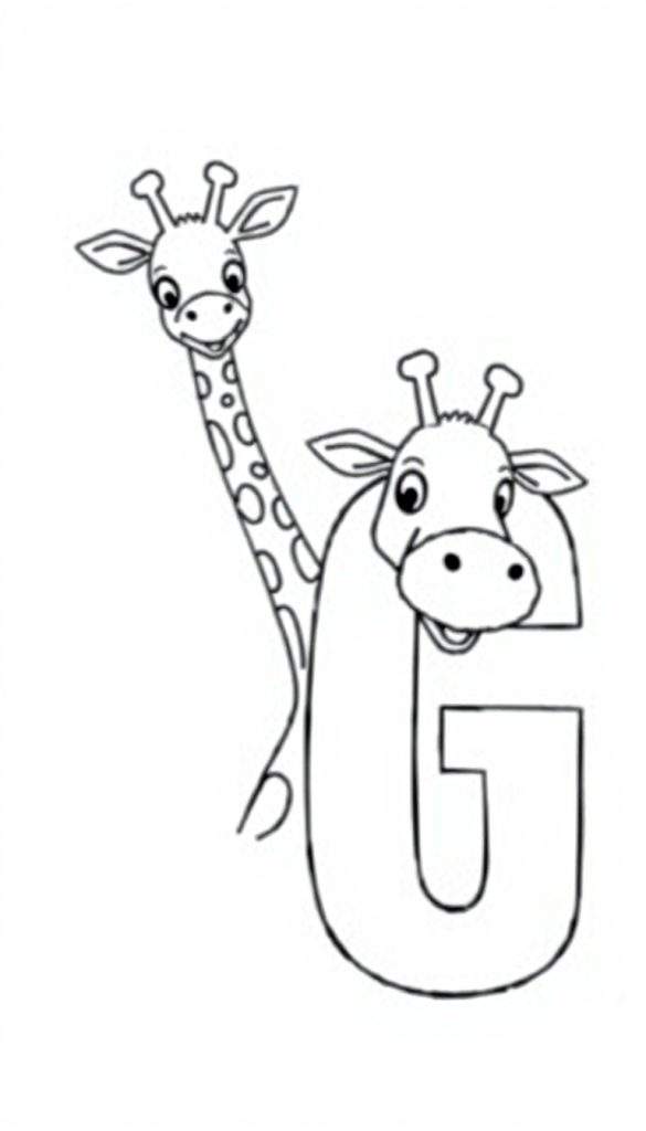Kleurplaat: De letter G met een speelse giraf.