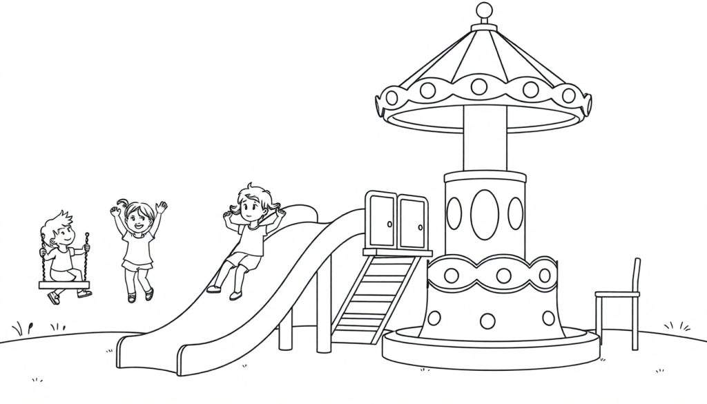 Een kleurplaat van een speeltuin met drie spelende kinderen.