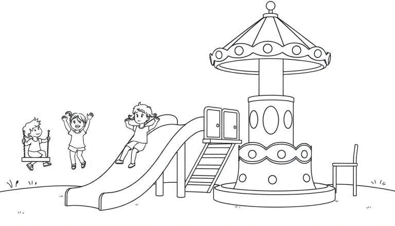 Een kleurplaat van een speeltuin met drie spelende kinderen.