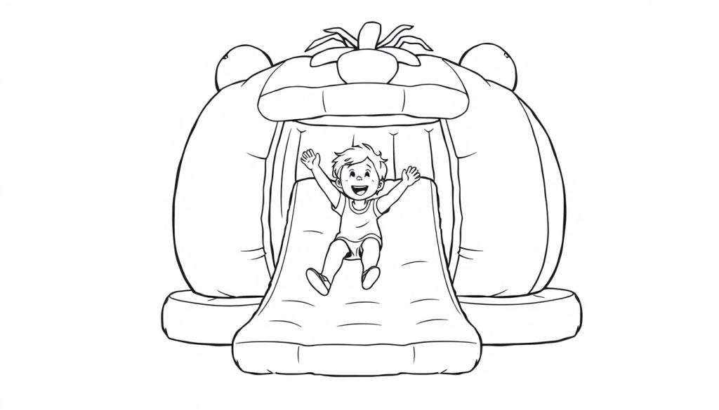 Kleurplaat van een lachend jongetje dat van een tomatenvormig springkussen glijdt.