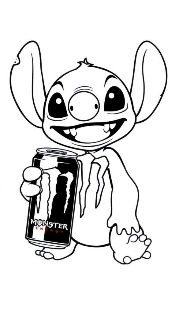 Kleurplaat van Stitch die een blikje Monster Energy drinkt.