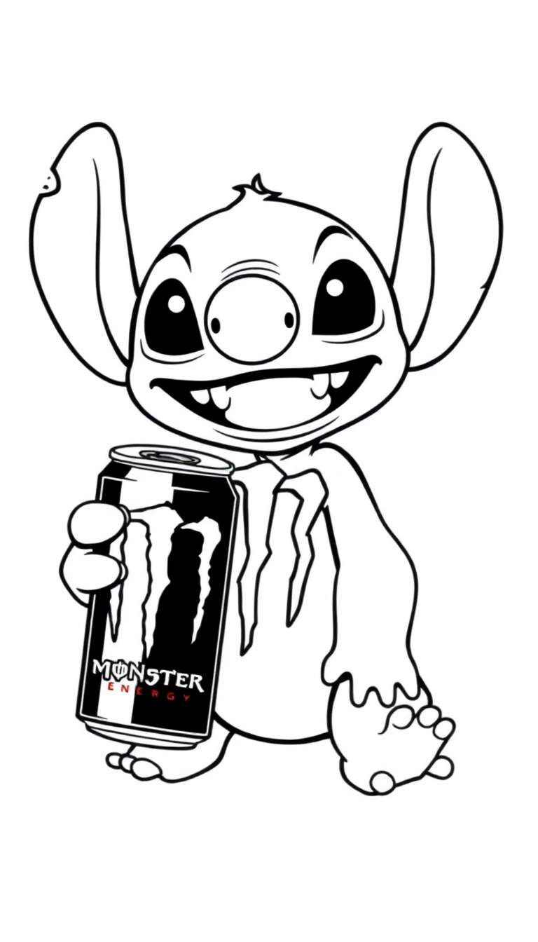 Kleurplaat van Stitch die een blikje Monster Energy drinkt.