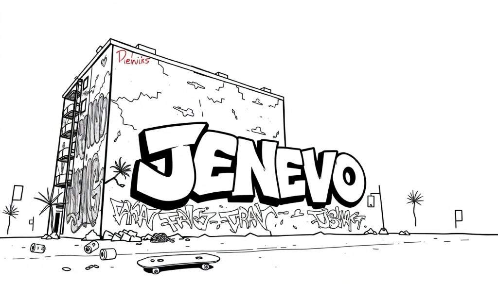 Kleurplaat van een vervallen gebouw met de graffiti naam JENEVO.
