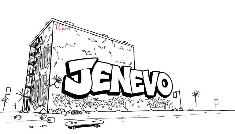 Kleurplaat van een vervallen gebouw met de graffiti naam JENEVO.