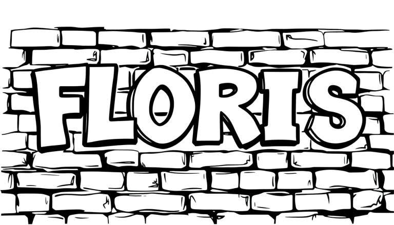 Kleurplaat van graffiti met de naam Floris in stoere letters op een stenen muur.