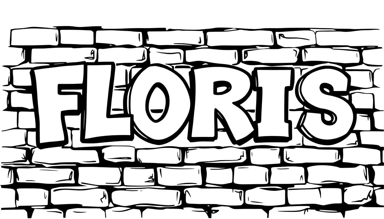 Kleurplaat van graffiti met de naam Floris in stoere letters op een stenen muur.