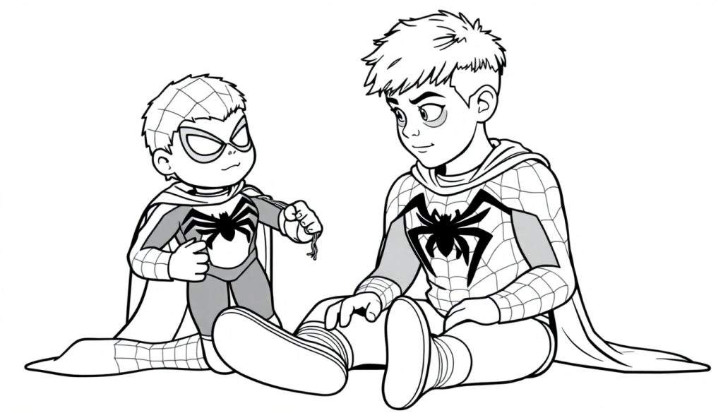 Kleurplaat van twee jongetjes verkleed als Spiderman, zittend op de grond.