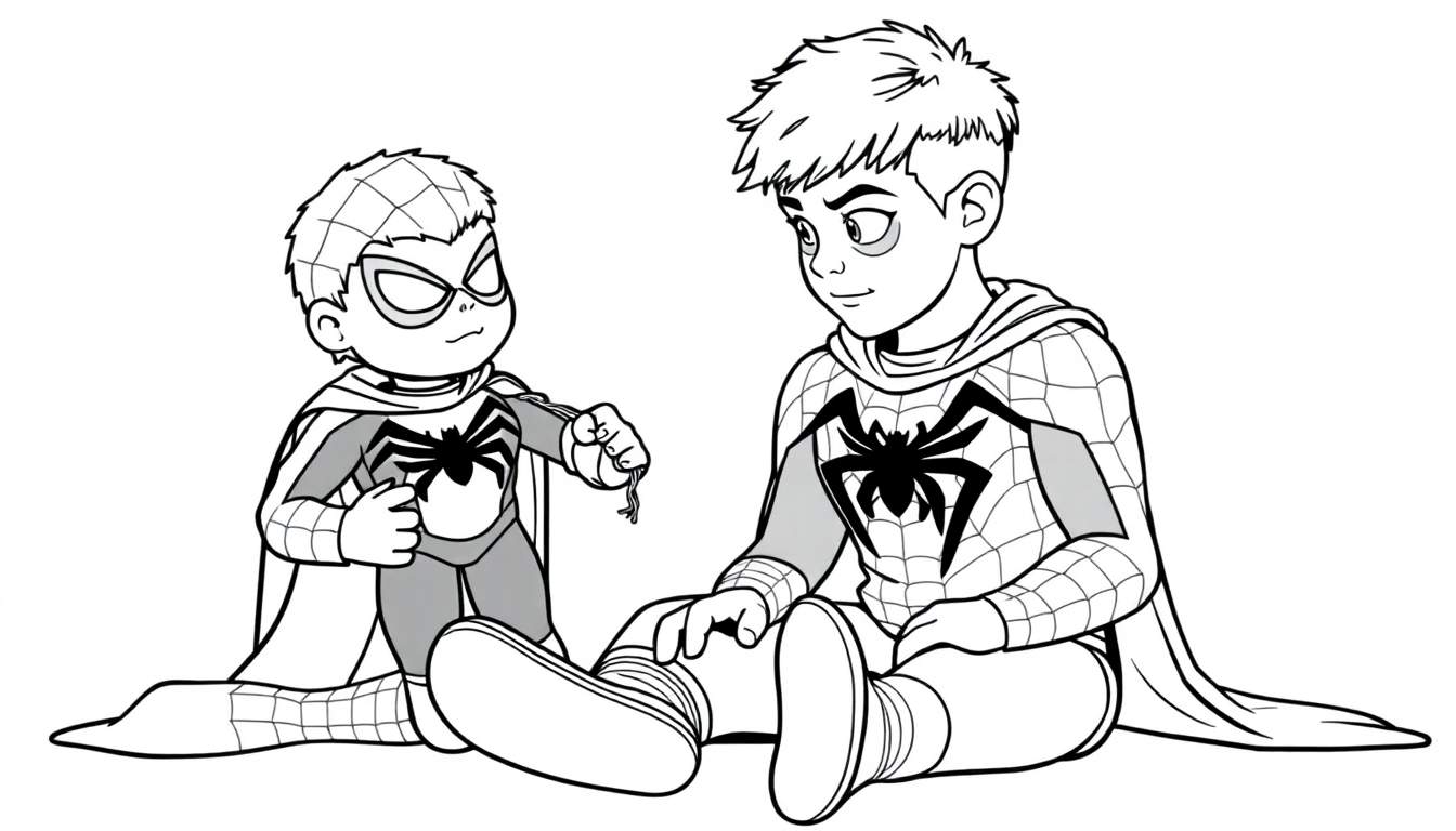 Kleurplaat van twee jongetjes verkleed als Spiderman, zittend op de grond.