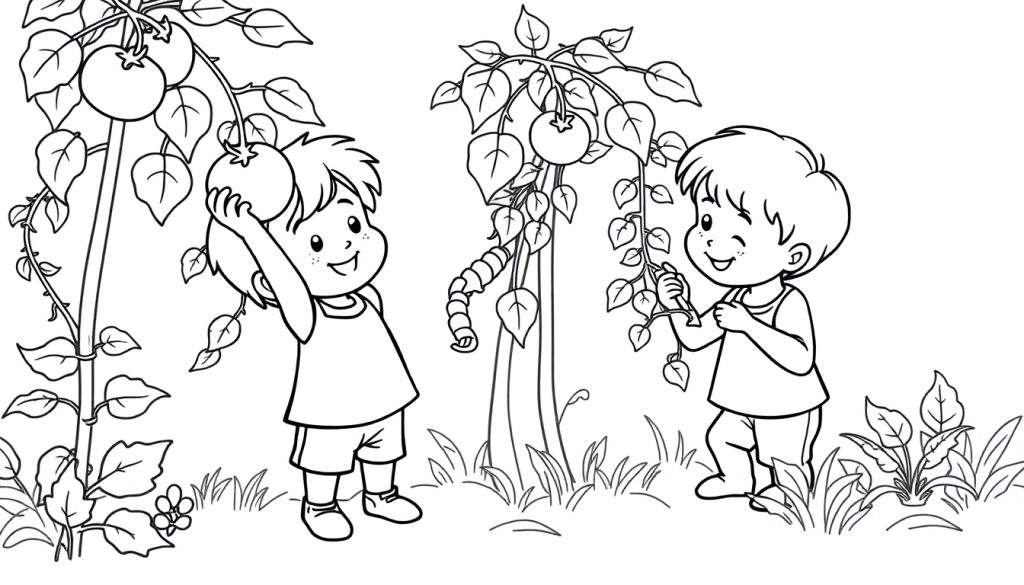 Kleurplaat van twee blije jongetjes die tomaten plukken in een tuin.