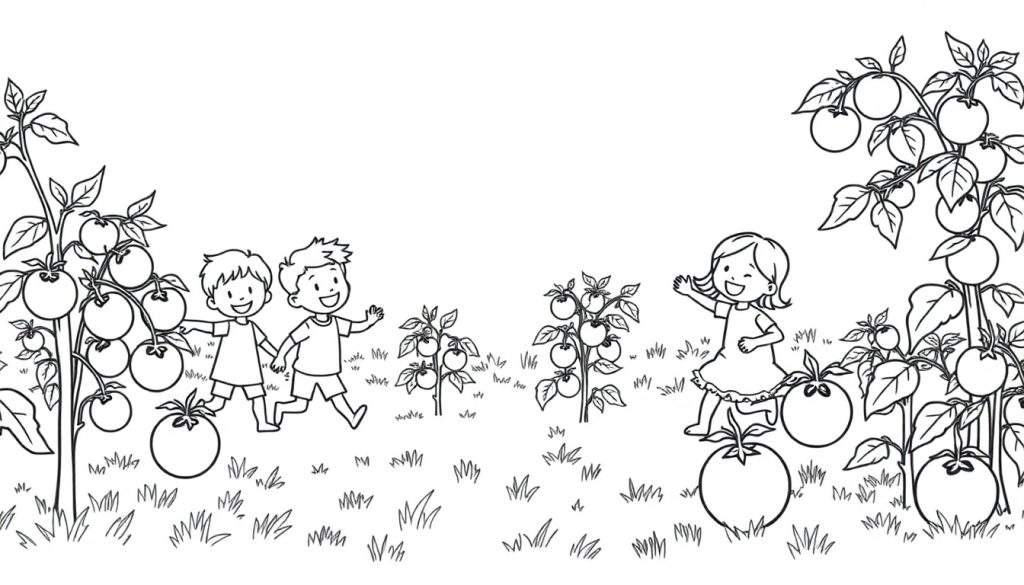 Kleurplaat van vrolijke kinderen die spelen in een tuin met grote tomaten.