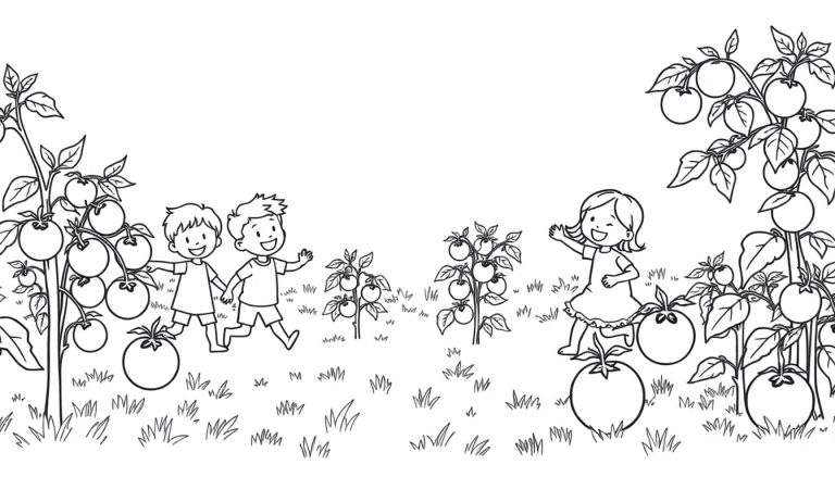 Kleurplaat van vrolijke kinderen die spelen in een tuin met grote tomaten.