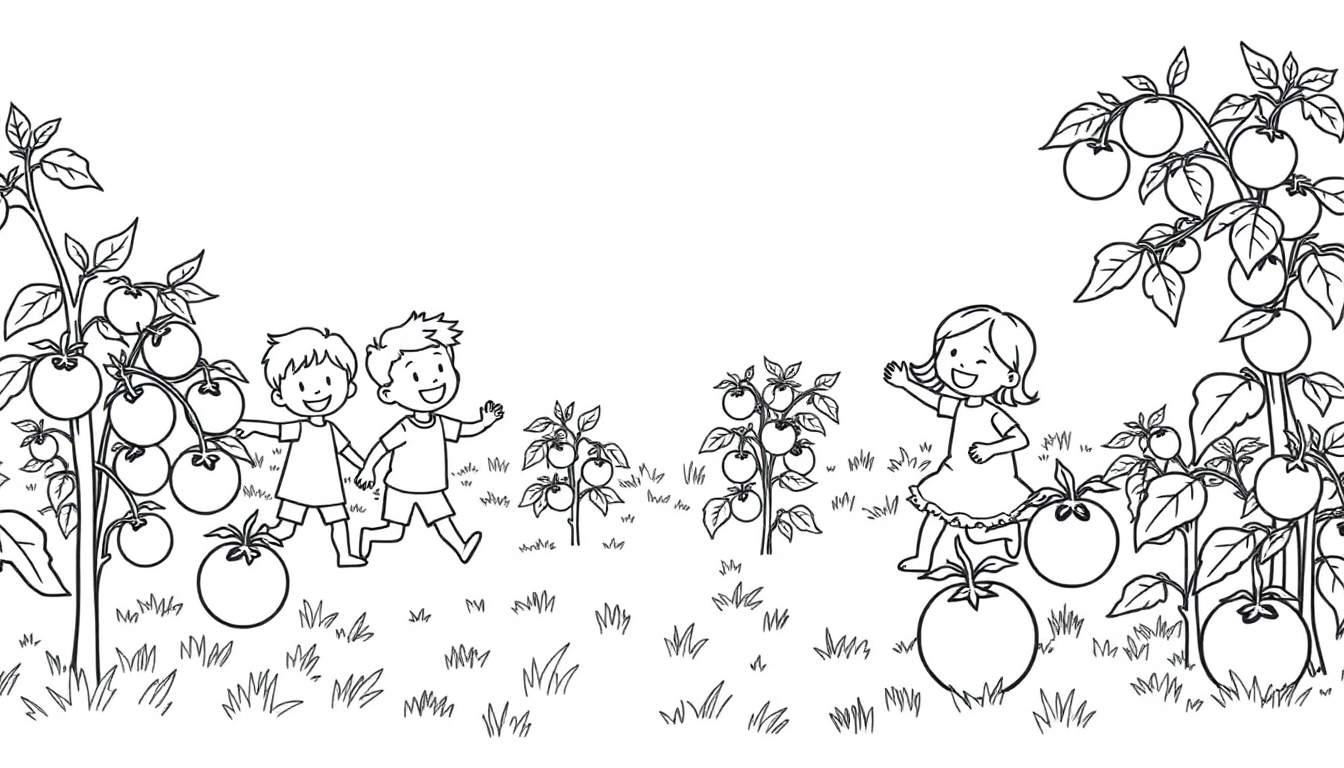 Kleurplaat van vrolijke kinderen die spelen in een tuin met grote tomaten.