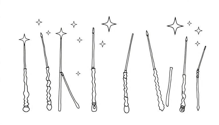 Een kleurplaat van veel Harry Potter toverstaffen met sterretjes.