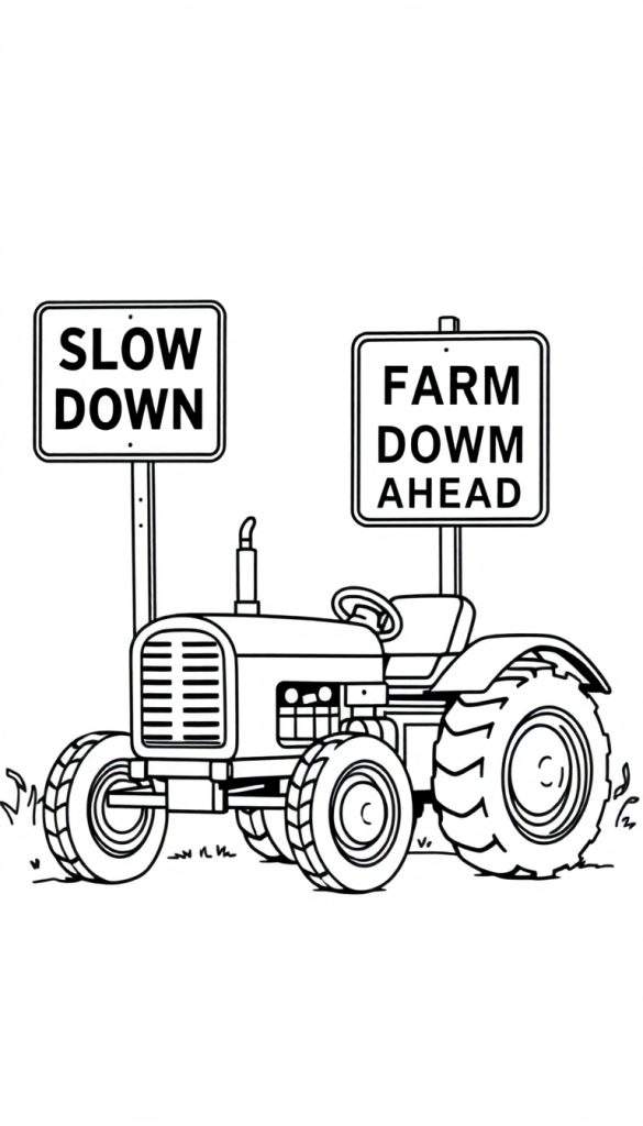 Kleurplaat van een tractor met verkeersborden 'SLOW DOWN' en 'FARM DOWN AHEAD'.