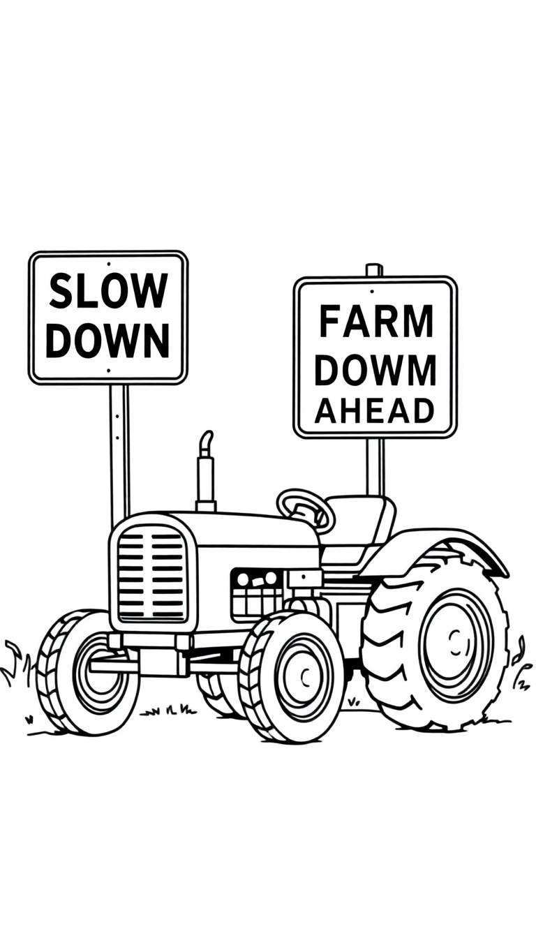 Kleurplaat van een tractor met verkeersborden 'SLOW DOWN' en 'FARM DOWN AHEAD'.